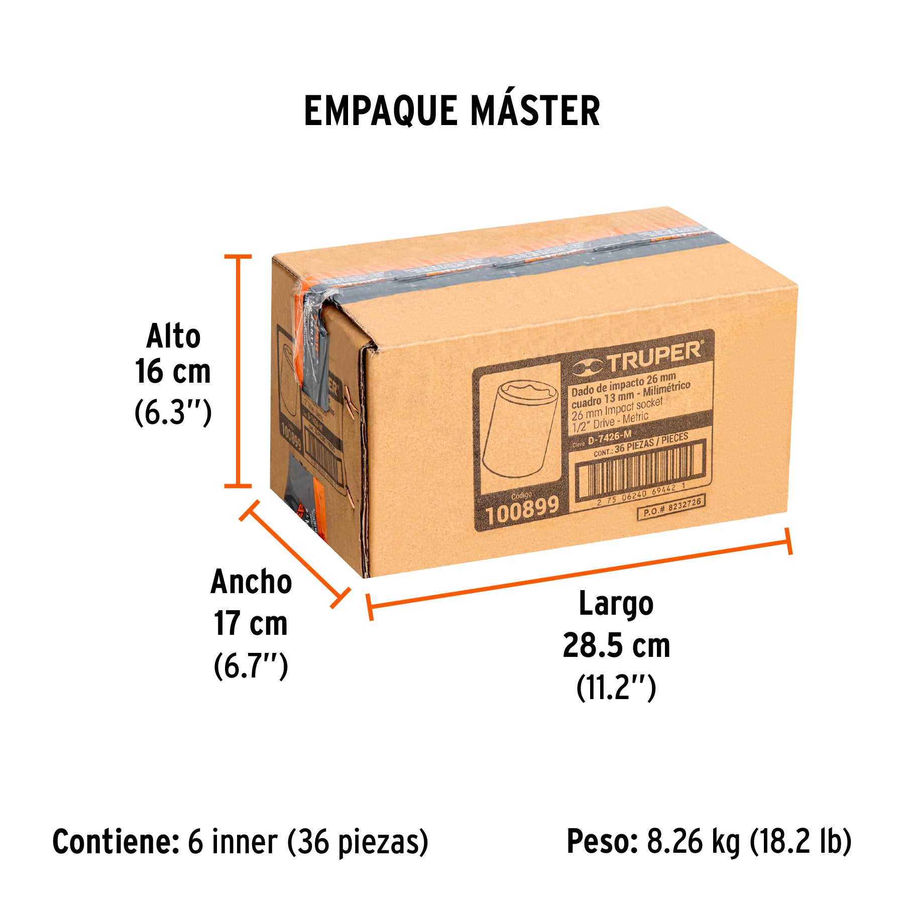Dado de impacto de 26 mm, 6 puntas, cuadro 1/2', Truper
