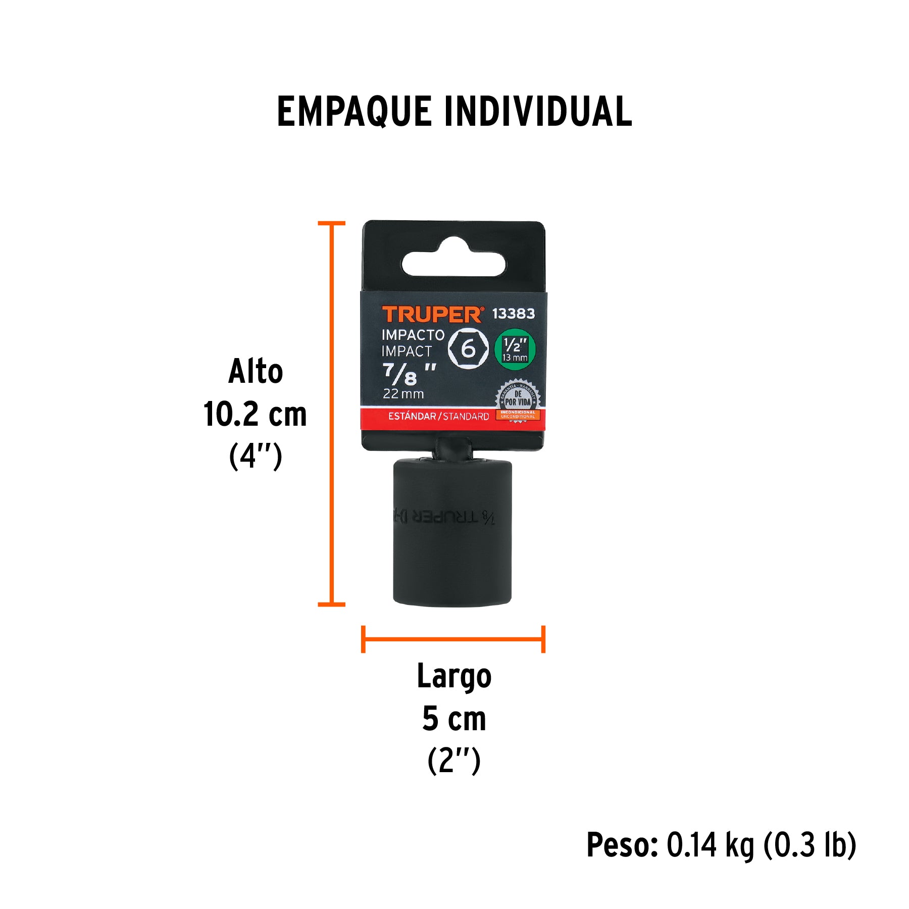 Dado de impacto, 6 puntas, cuadro 1/2" de 7/8"