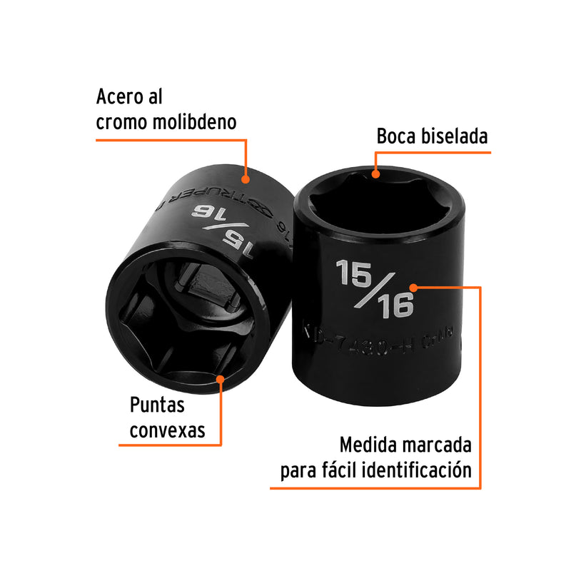 Dado de impacto, 6 puntas, cuadro 1/2" de 15/16"