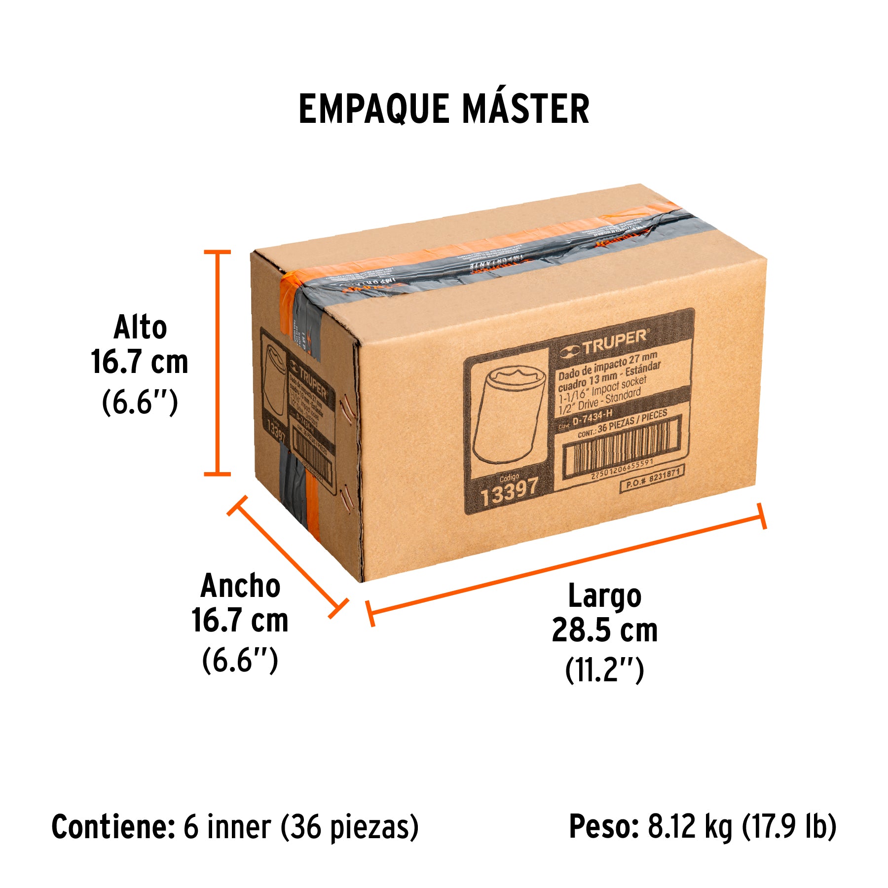 Dado de impacto, 6 puntas, cuadro 1/2" de 1-1/16"