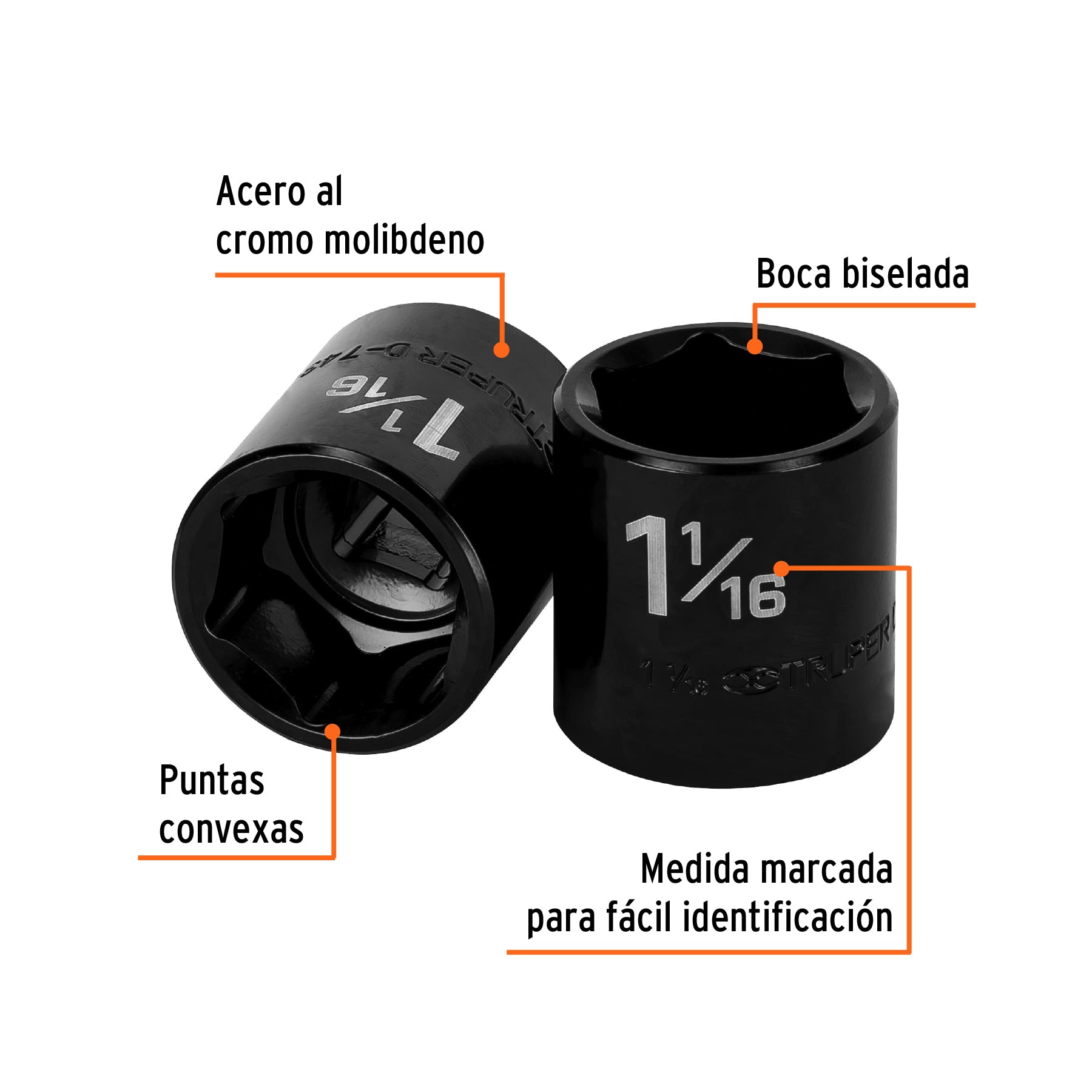 Dado de impacto, 6 puntas, cuadro 1/2" de 1-1/16"