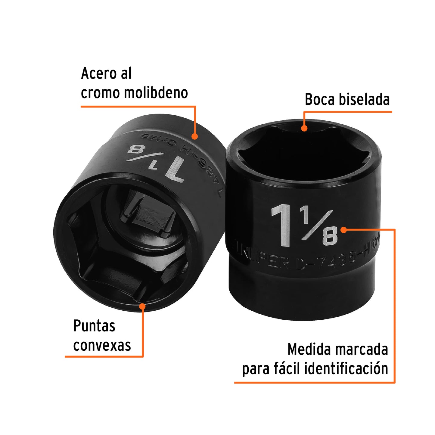 Dado de impacto, 6 puntas, cuadro 1/2" de 1-1/8"