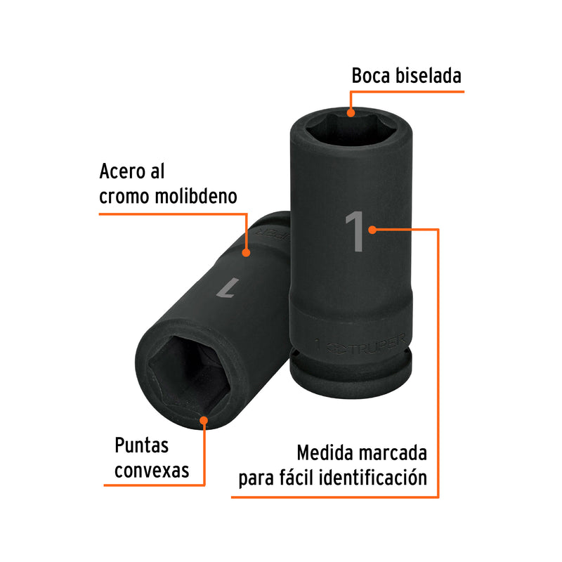 Dado impacto, largo, 6 puntas, cuadro 3/4" de 1"