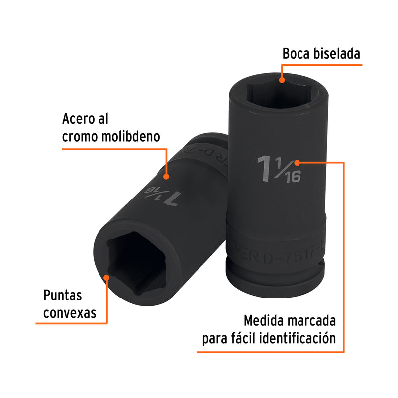Dado impacto, largo, 6 puntas, cuadro 3/4" de 1-1/16"