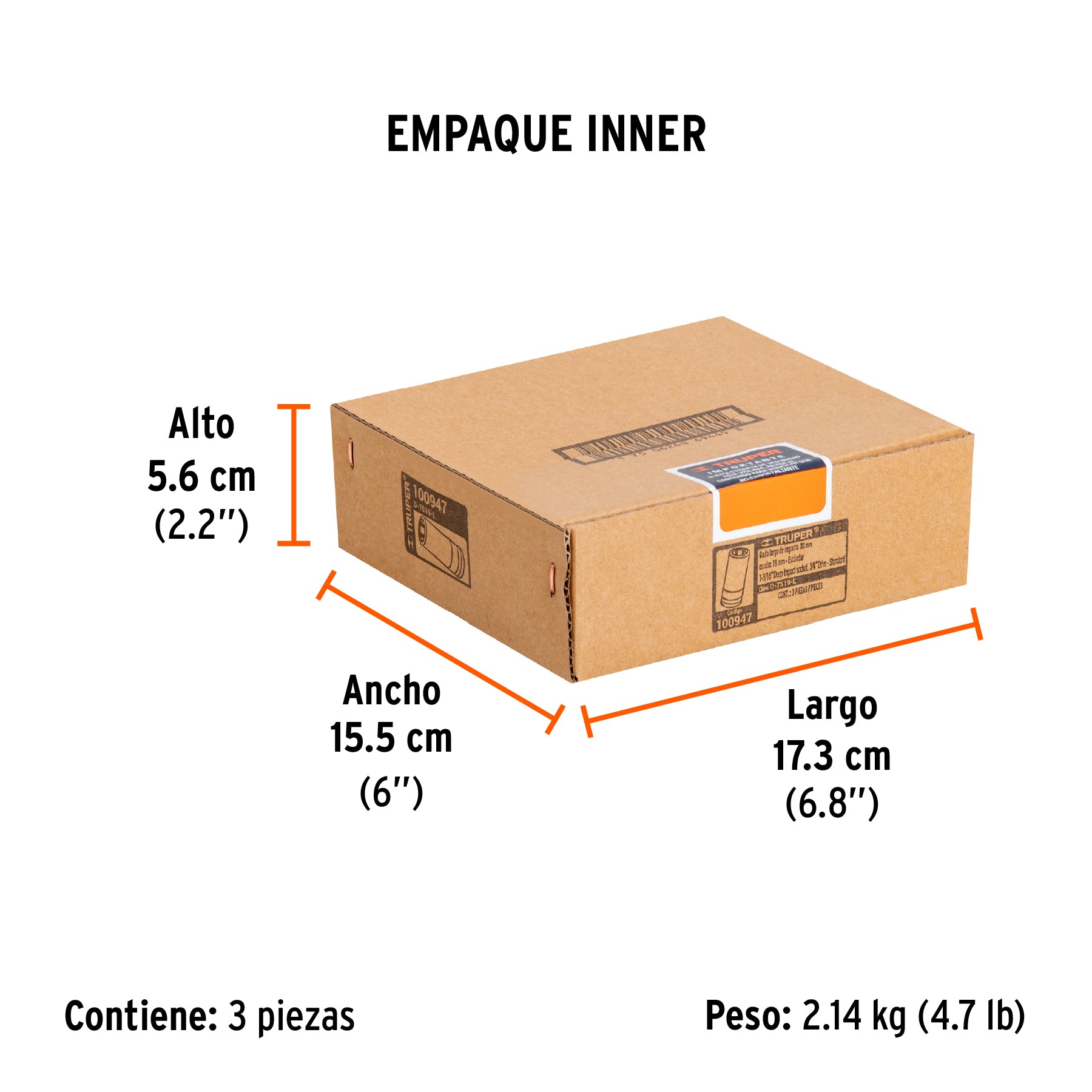 Dado largo de impacto de 1-3/16', 6 puntas, cuadro 3/4'