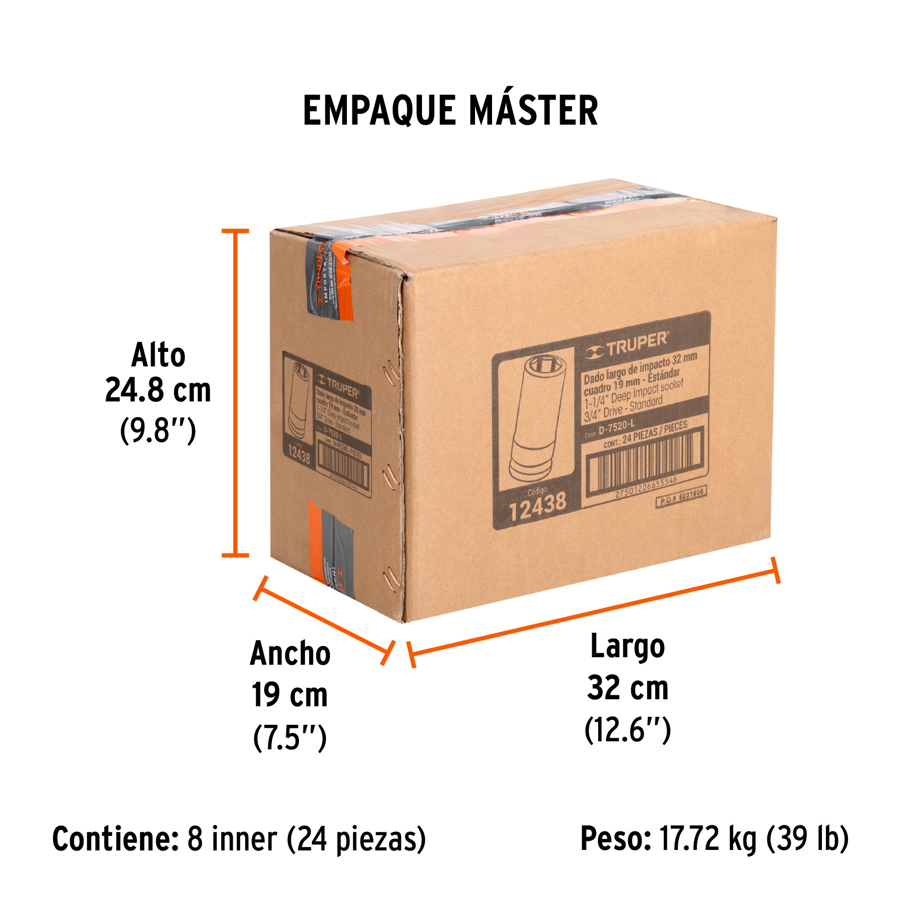 Dado impacto, largo, 6 puntas, cuadro 3/4" de 1-1/4"