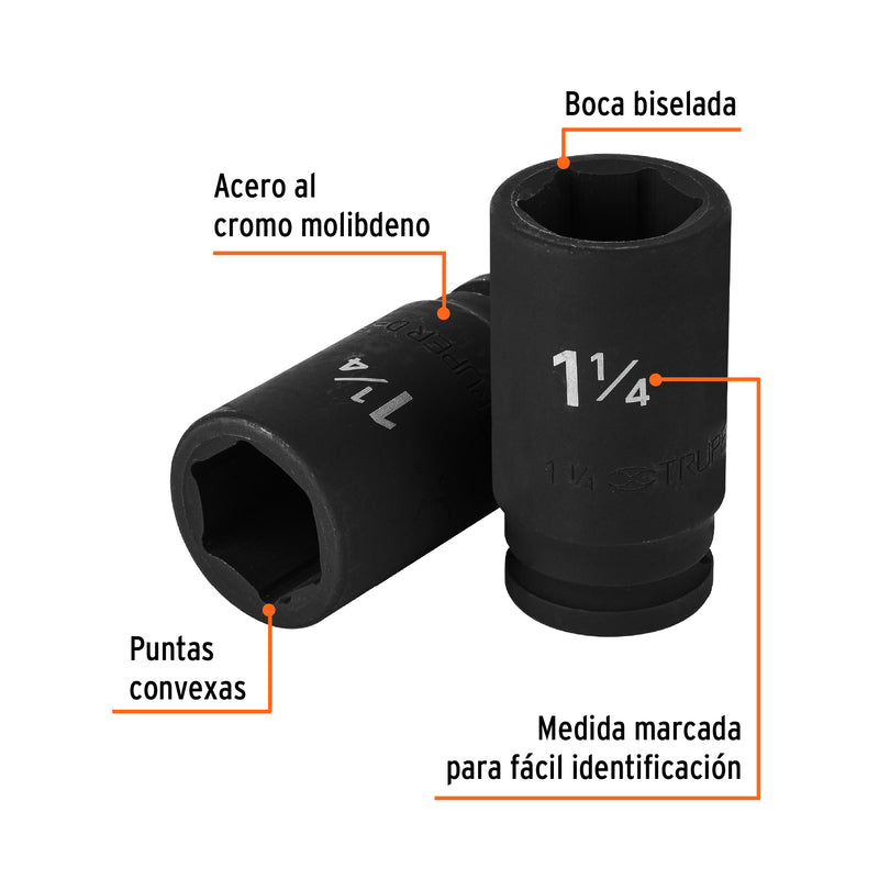 Dado impacto, largo, 6 puntas, cuadro 3/4" de 1-1/4"