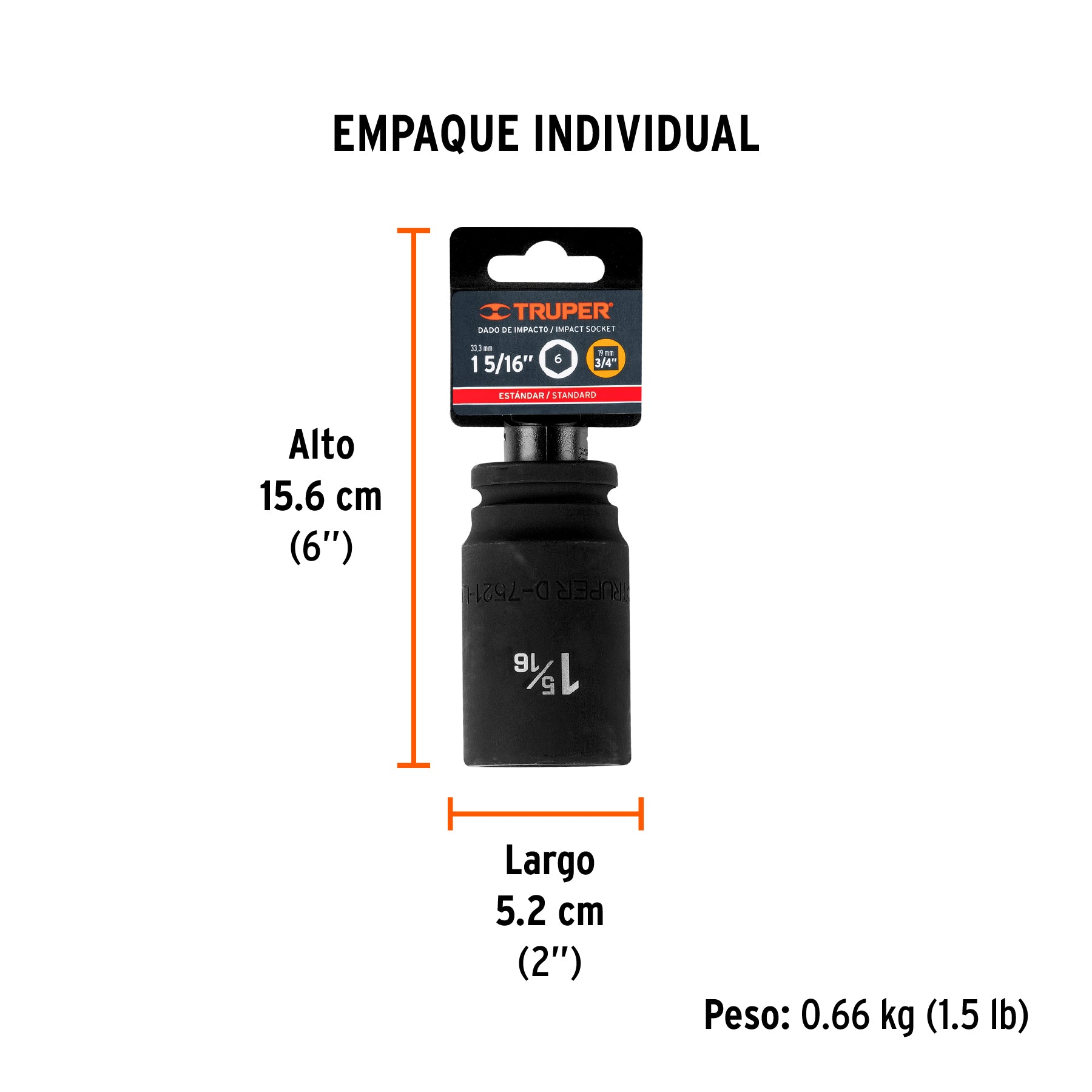 Dado impacto, largo, 6 puntas, cuadro 3/4" de 1-5/16"