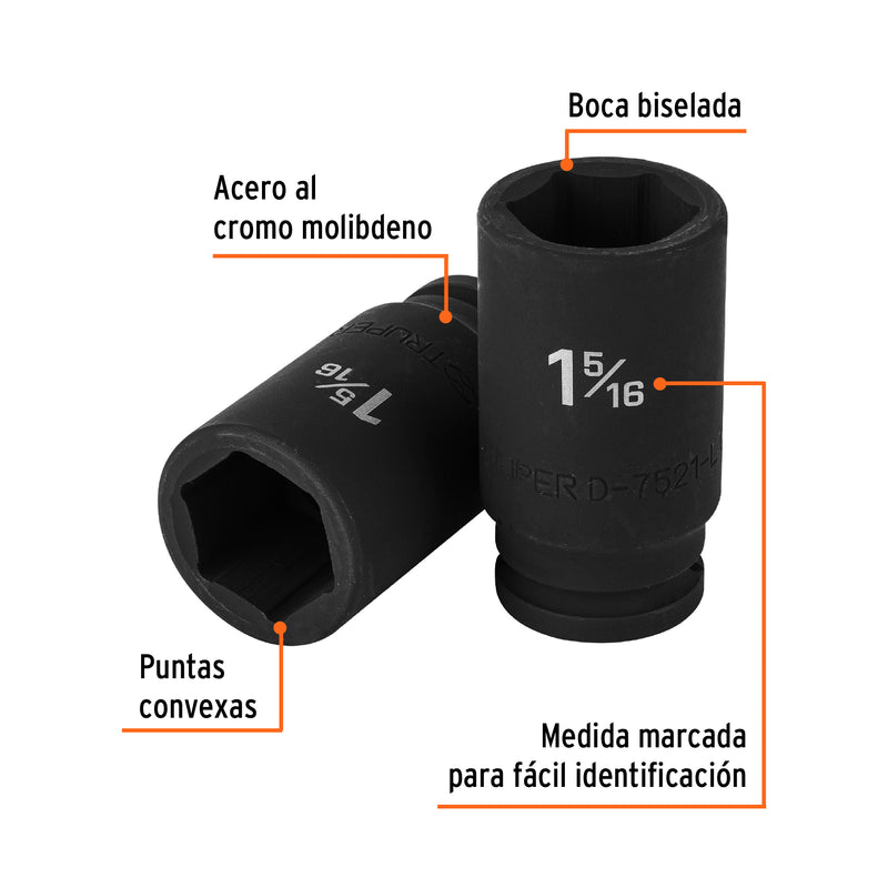 Dado impacto, largo, 6 puntas, cuadro 3/4" de 1-5/16"