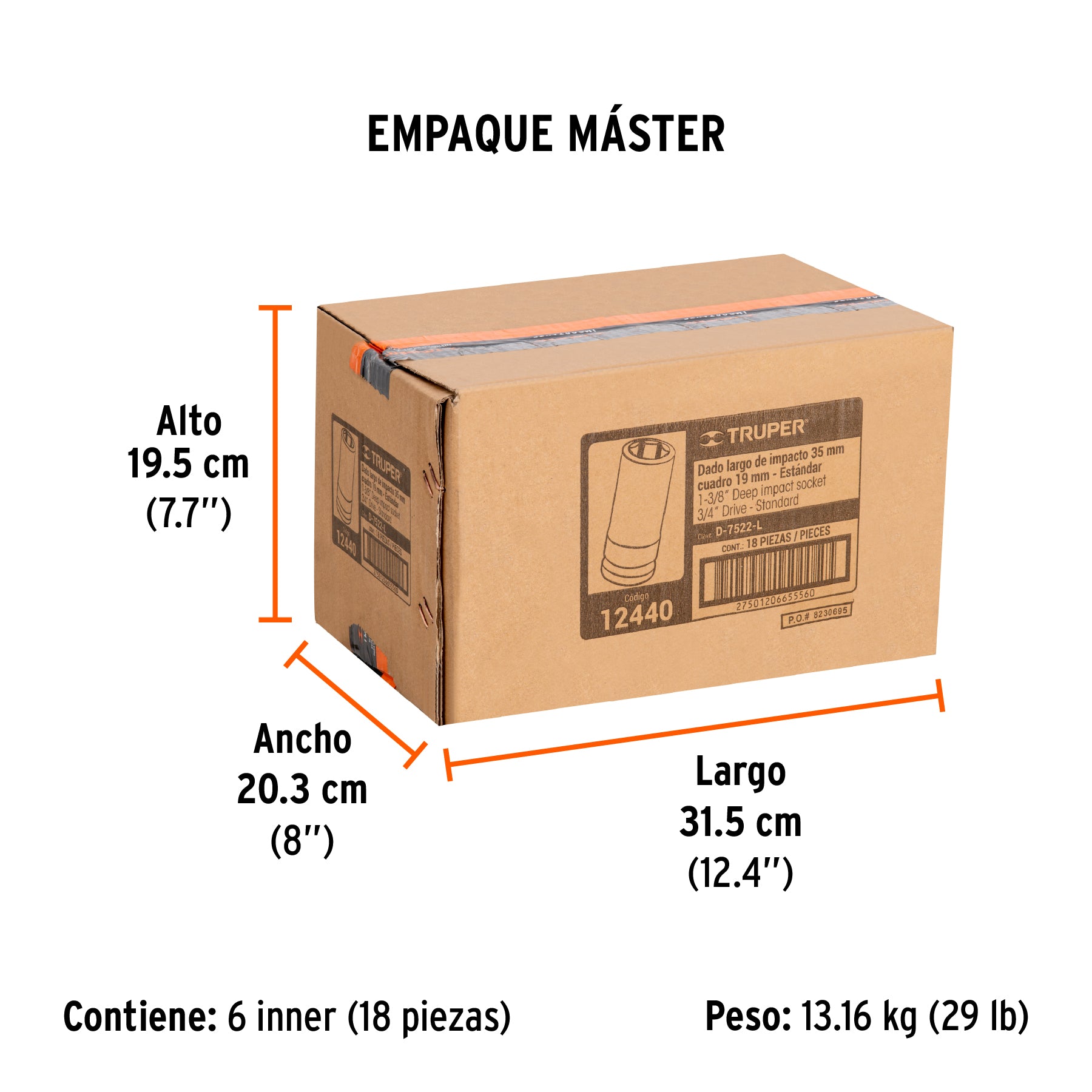 Dado impacto, largo, 6 puntas, cuadro 3/4" de 1-3/8"