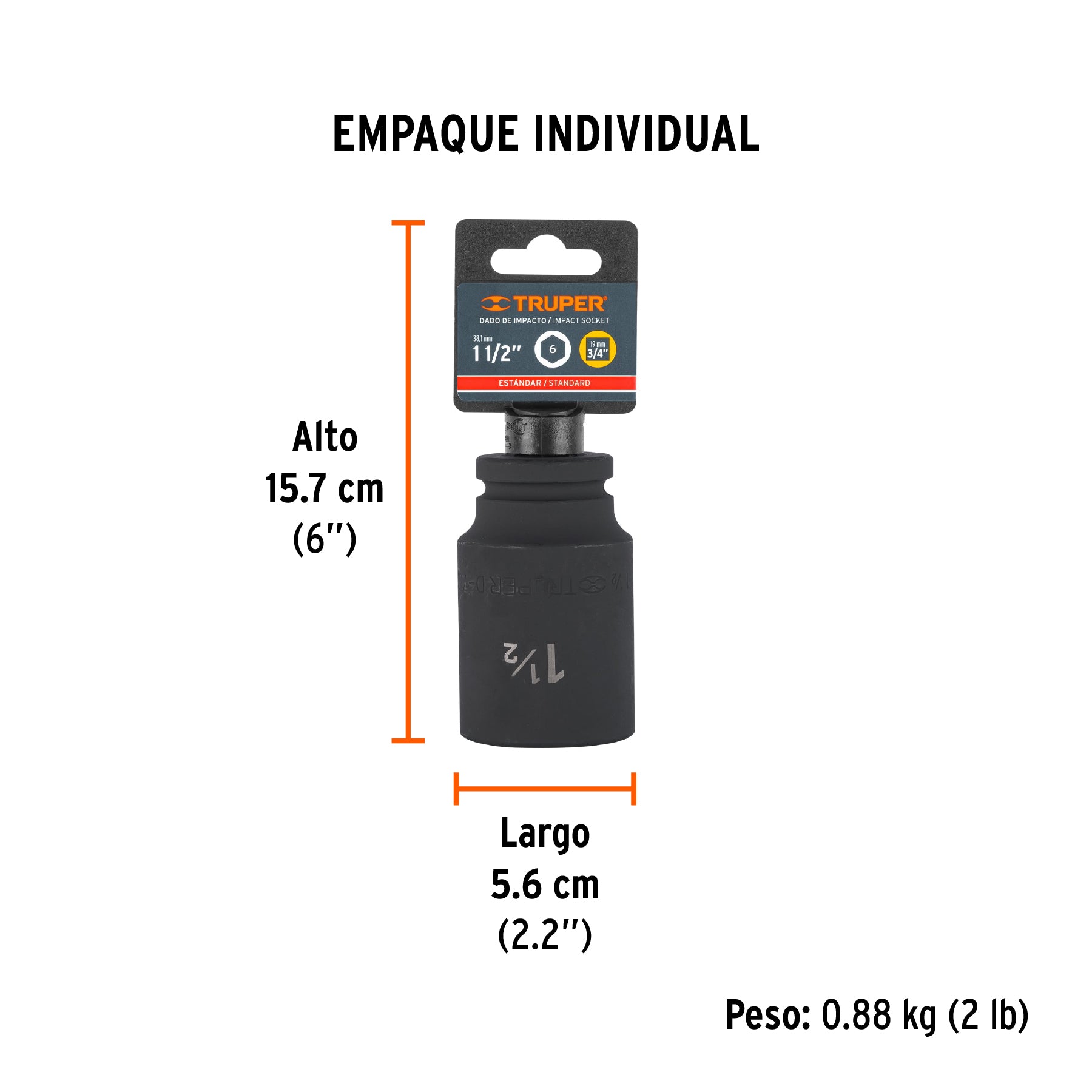 Dado impacto, largo, 6 puntas, cuadro 3/4" de 1-1/2"