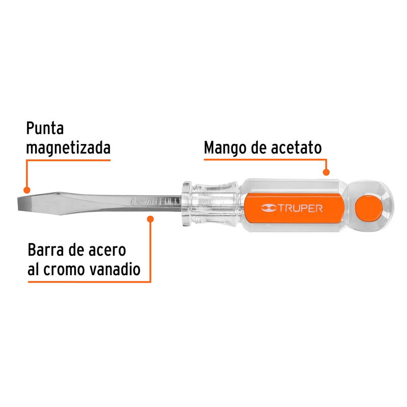 Desarmador plano, barra cuadrada, mango acetato, 1/4 x 3"