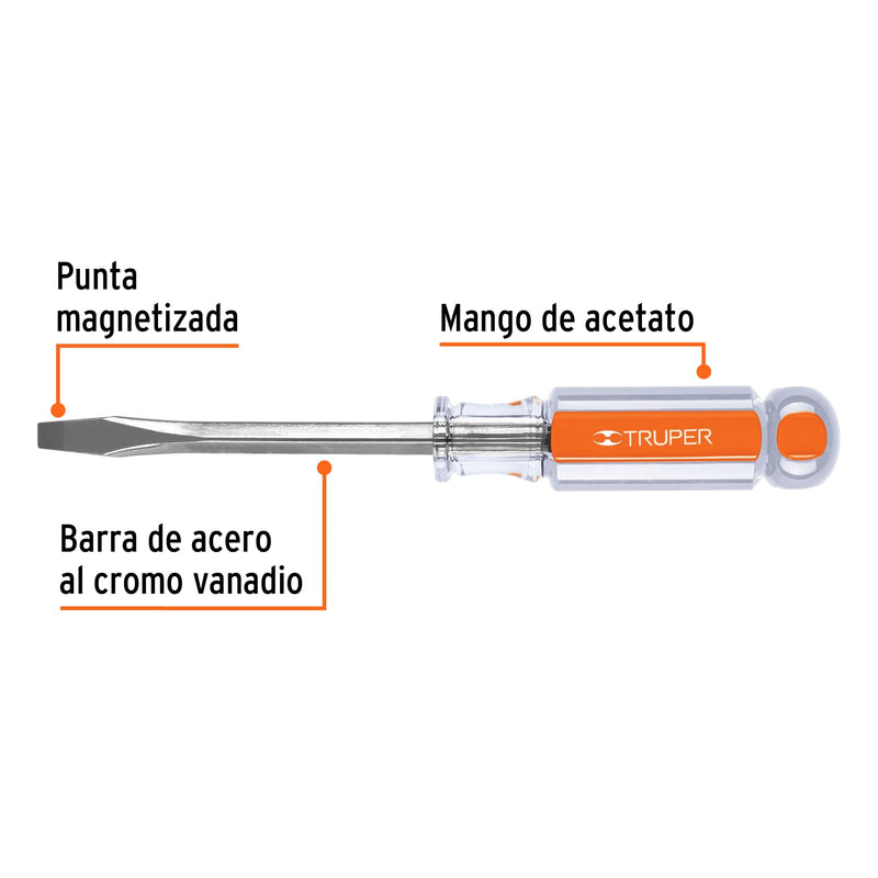 Desarmador plano, barra cuadrada, mango acetato, 1/4 x 4"