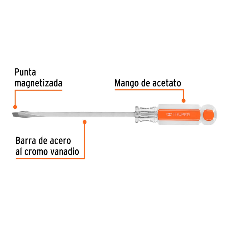 Desarmador plano, barra cuadrada, mango acetato, 1/4 x 6"