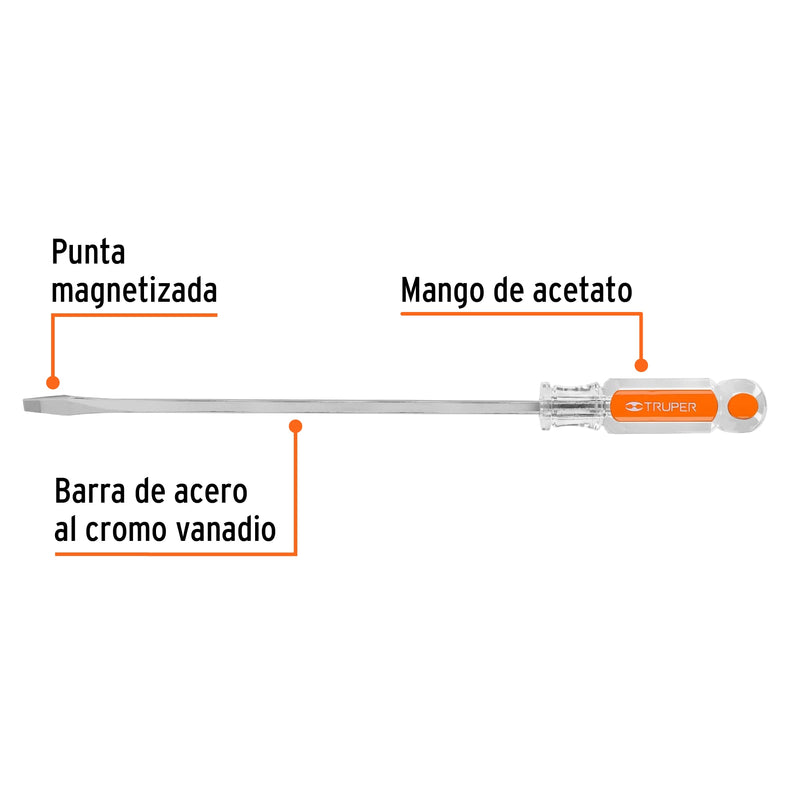 Desarmador plano, barra cuadrada, mango acetato, 1/4 x 9"