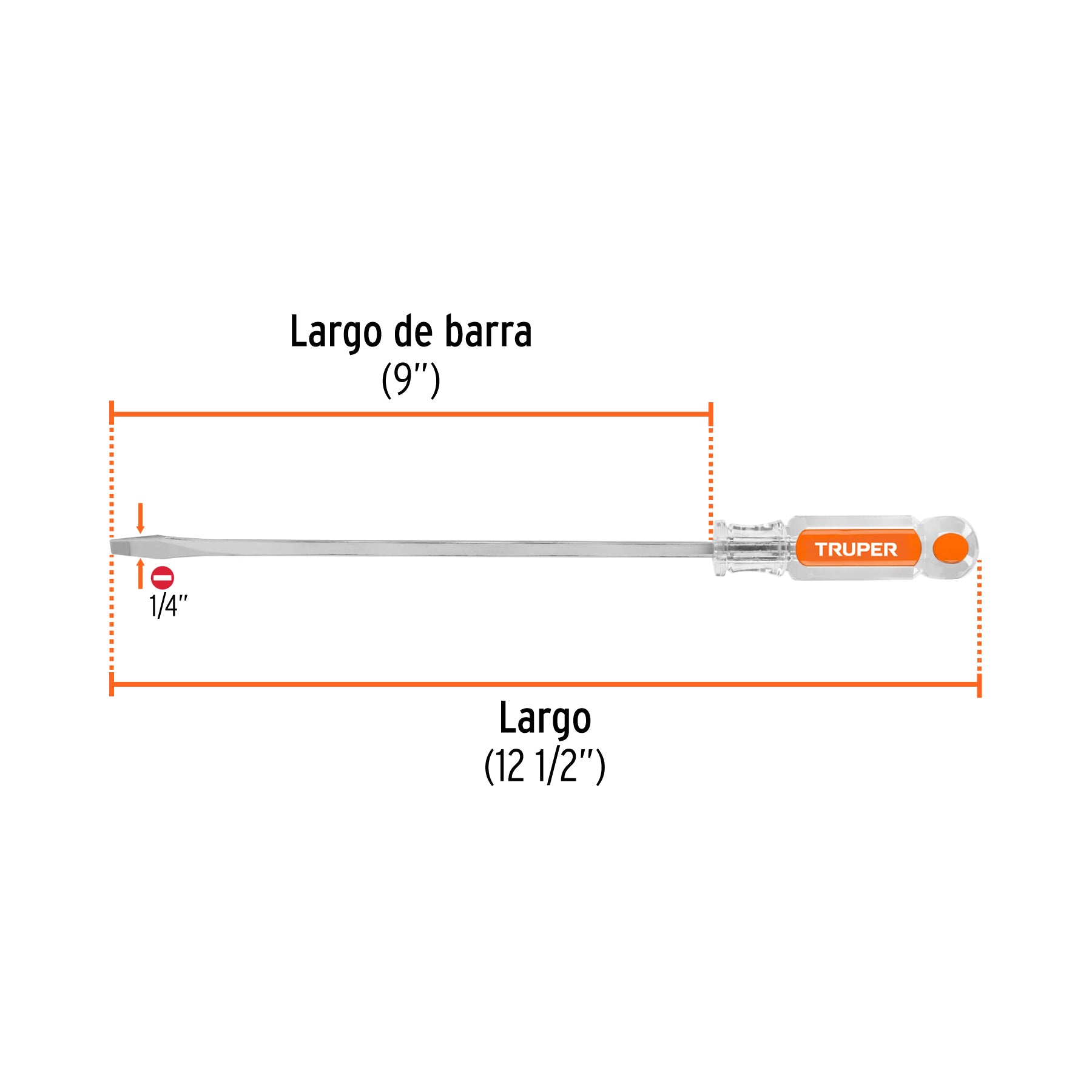 Desarmador plano, barra cuadrada, mango acetato, 1/4 x 9"