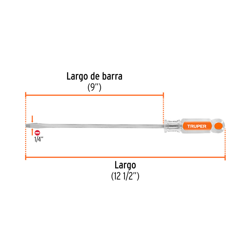 Desarmador plano, barra cuadrada, mango acetato, 1/4 x 9"