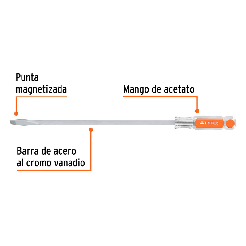 Desarmador plano, barra cuadrada, mango acetato, 3/8 x 12"