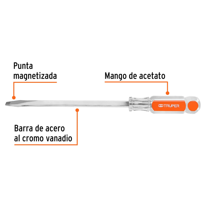 Desarmador plano, barra cuadrada, mango acetato, 3/8 x 8"
