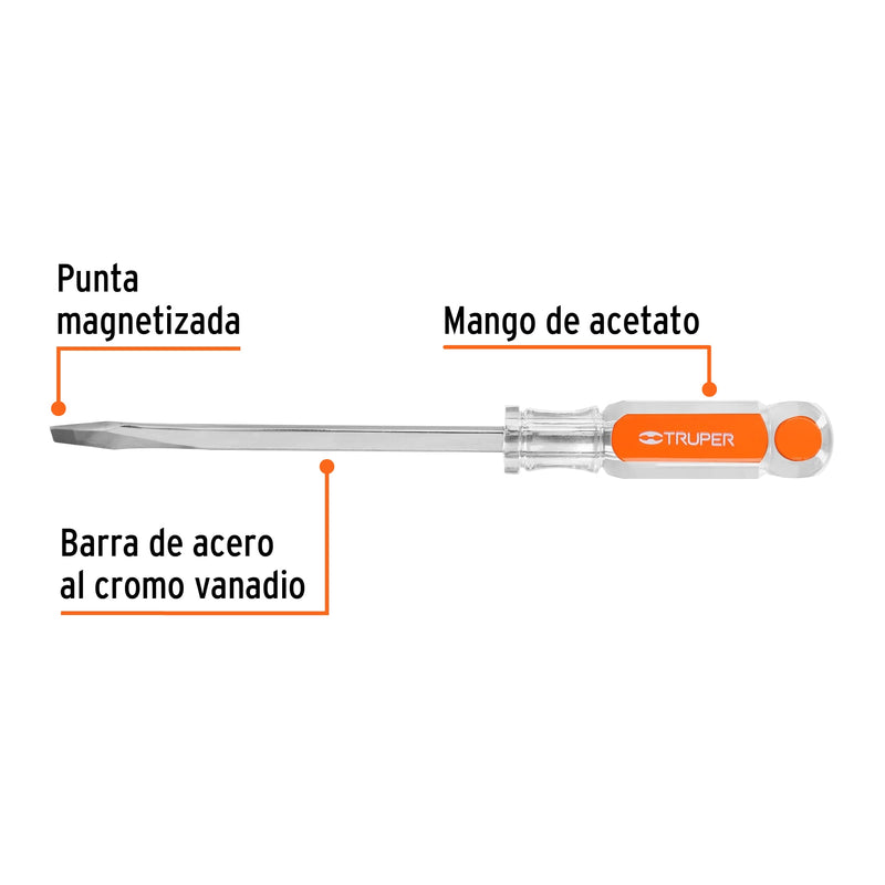 Desarmador plano, barra cuadrada, mango acetato, 5/16 x 6"