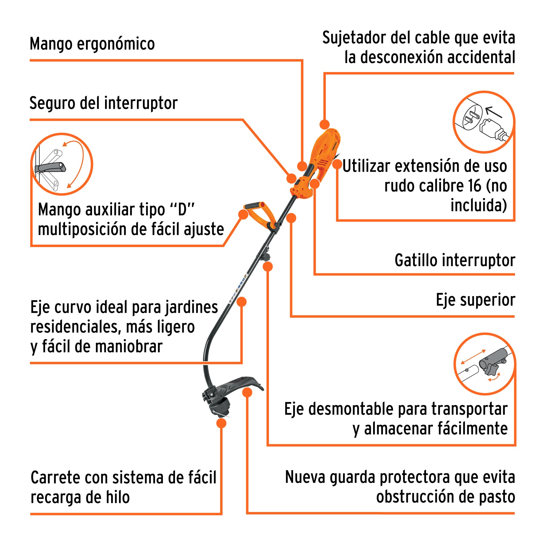 Desbrozadora eléctrica 1000 W, 14" de corte mango "D"