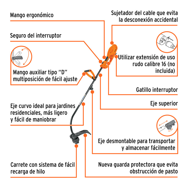 Desbrozadora eléctrica 1000 W, 14" de corte mango "D"
