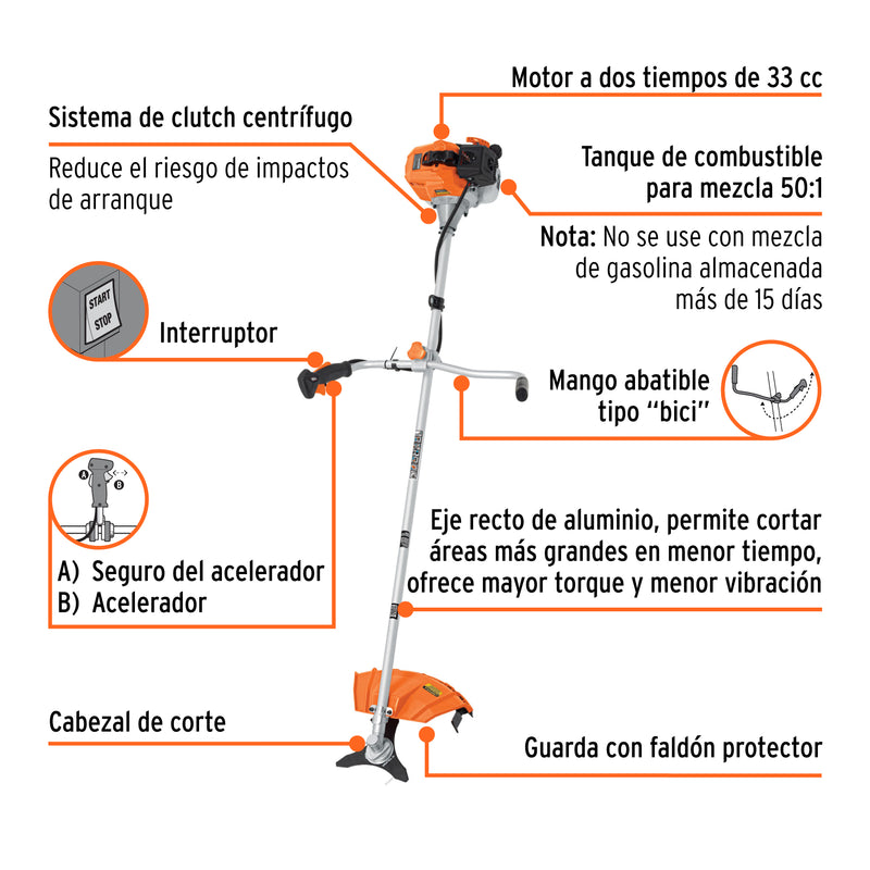 Desmalezadora a gasolina, mango tipo "bici" 33 cc