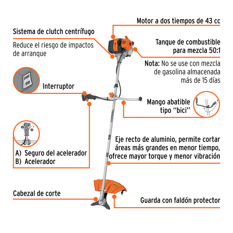 Desmalezadora a gasolina, mango tipo "bici" 43 cc