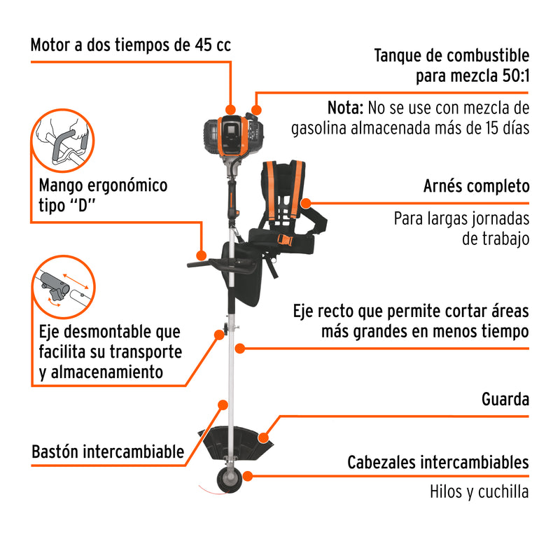 Desbrozadora multifuncional 4 en 1, a gasolina 45 cc, Truper