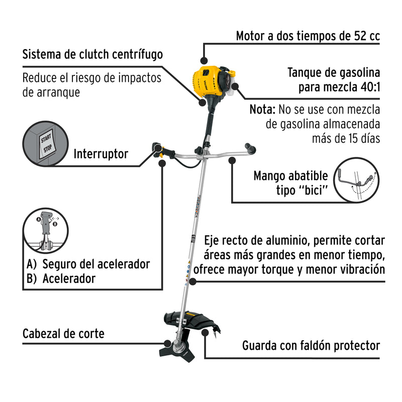 Desmalezadora a gasolina 52 cc mango tipo 'bici' , Pretul