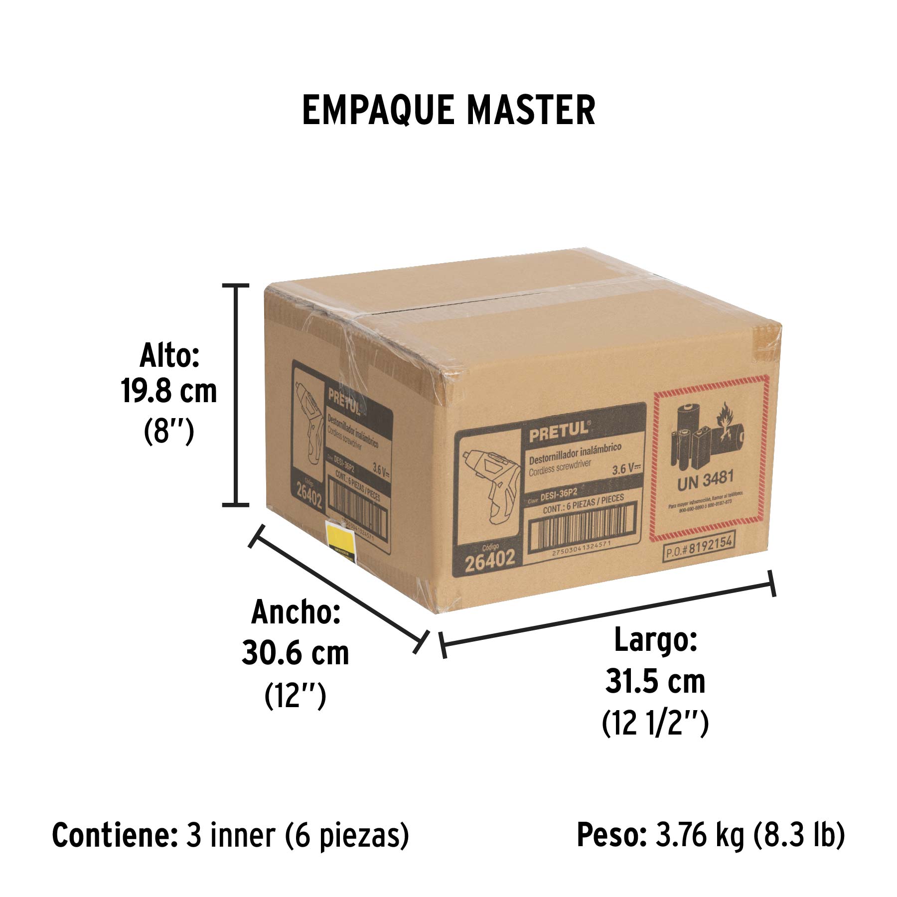 Destornillador inalámbrico de dos posiciones, 3.6V, PRETUL