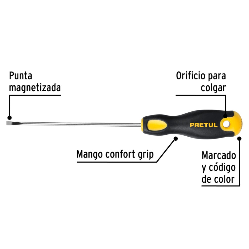 Desarmador cabinet, 1/8 x 4", mango comfort grip, pretul