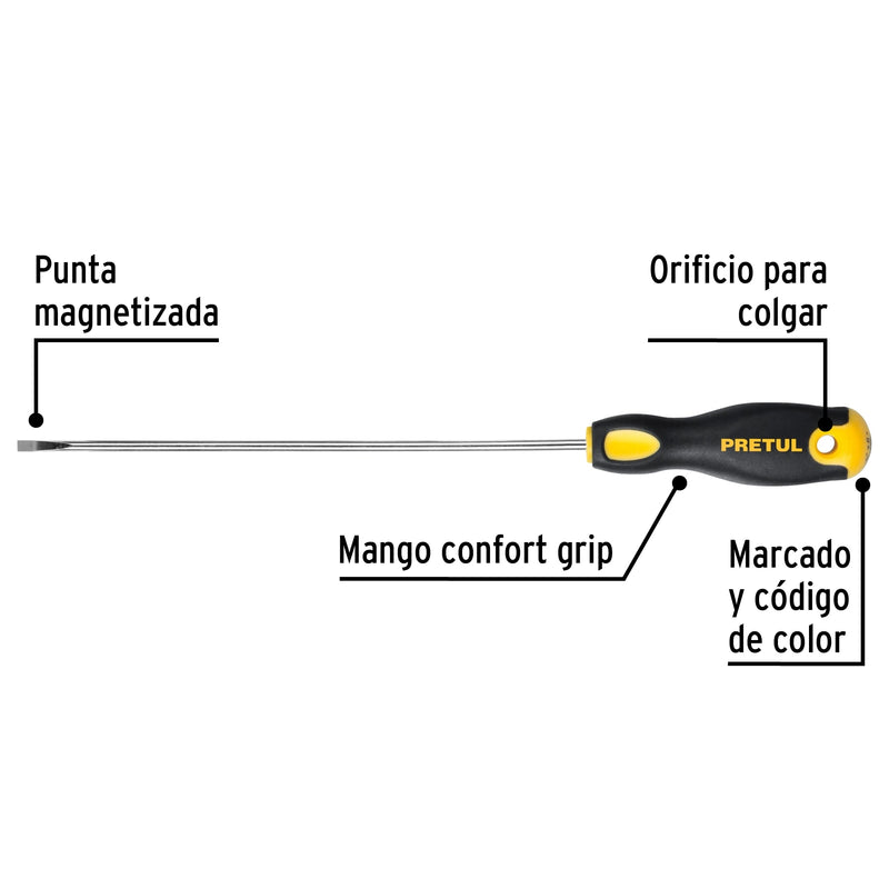 Desarmador cabinet, 1/8 x 6", mango comfort grip, pretul