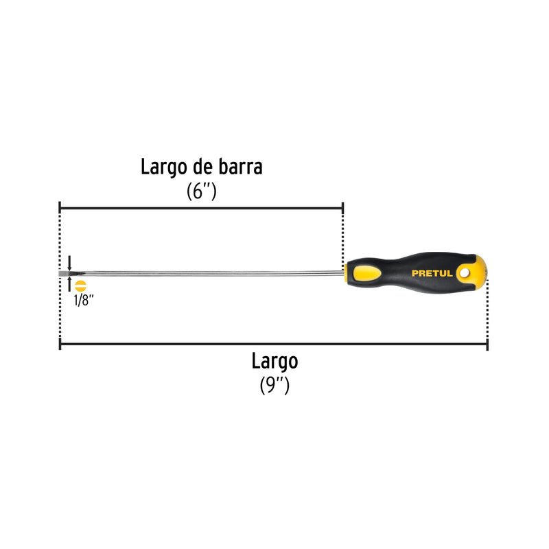 Desarmador cabinet, 1/8 x 6", mango comfort grip, pretul