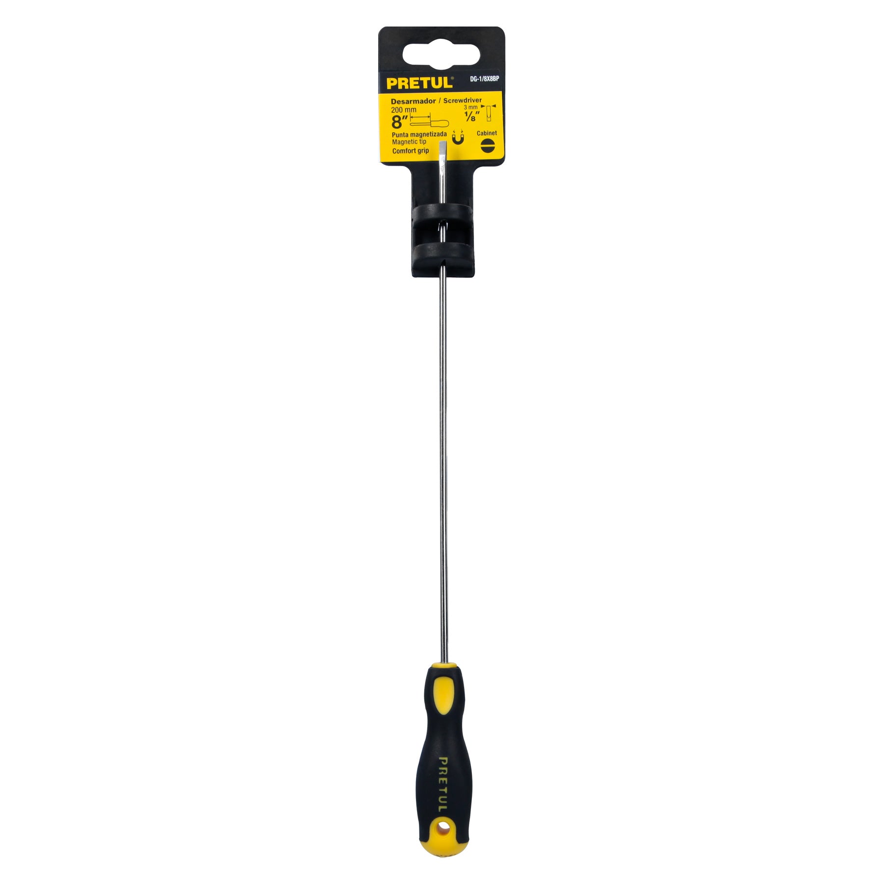 Desarmador cabinet, 1/8 x 8", mango comfort grip, pretul