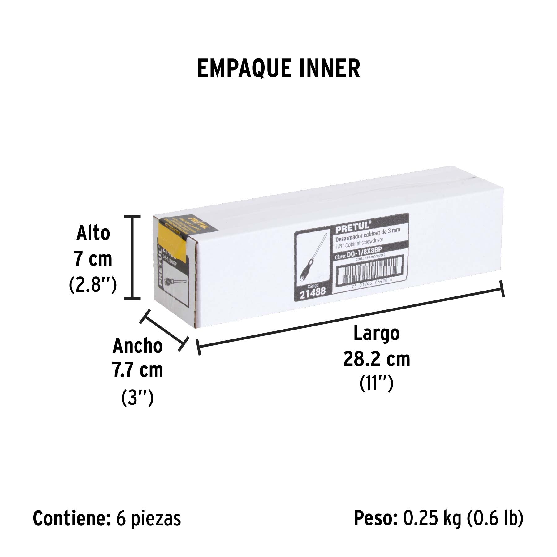 Desarmador cabinet, 1/8 x 8", mango comfort grip, pretul