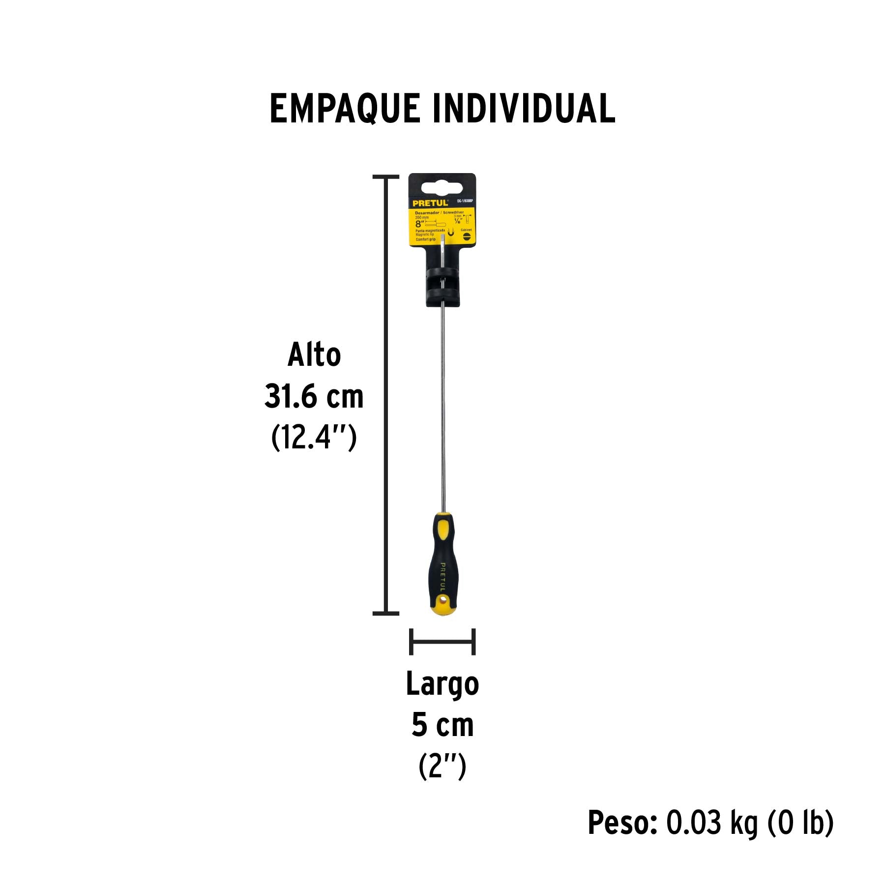 Desarmador cabinet, 1/8 x 8", mango comfort grip, pretul