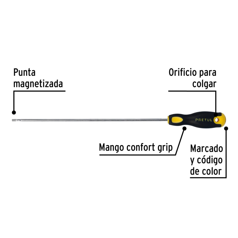 Desarmador cabinet, 1/8 x 8", mango comfort grip, pretul