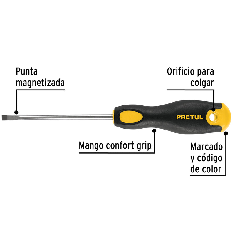 Desarmador cabinet, 3/16 x 4", mango comfort grip, pretul