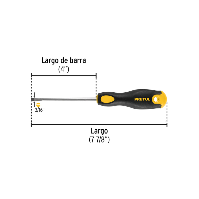 Desarmador cabinet, 3/16 x 4", mango comfort grip, pretul