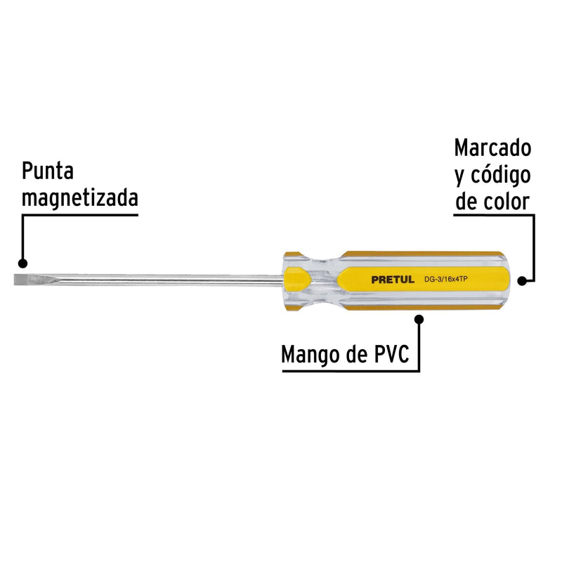 Desarmador cabinet, 3/16 x 4", mango pvc, pretul