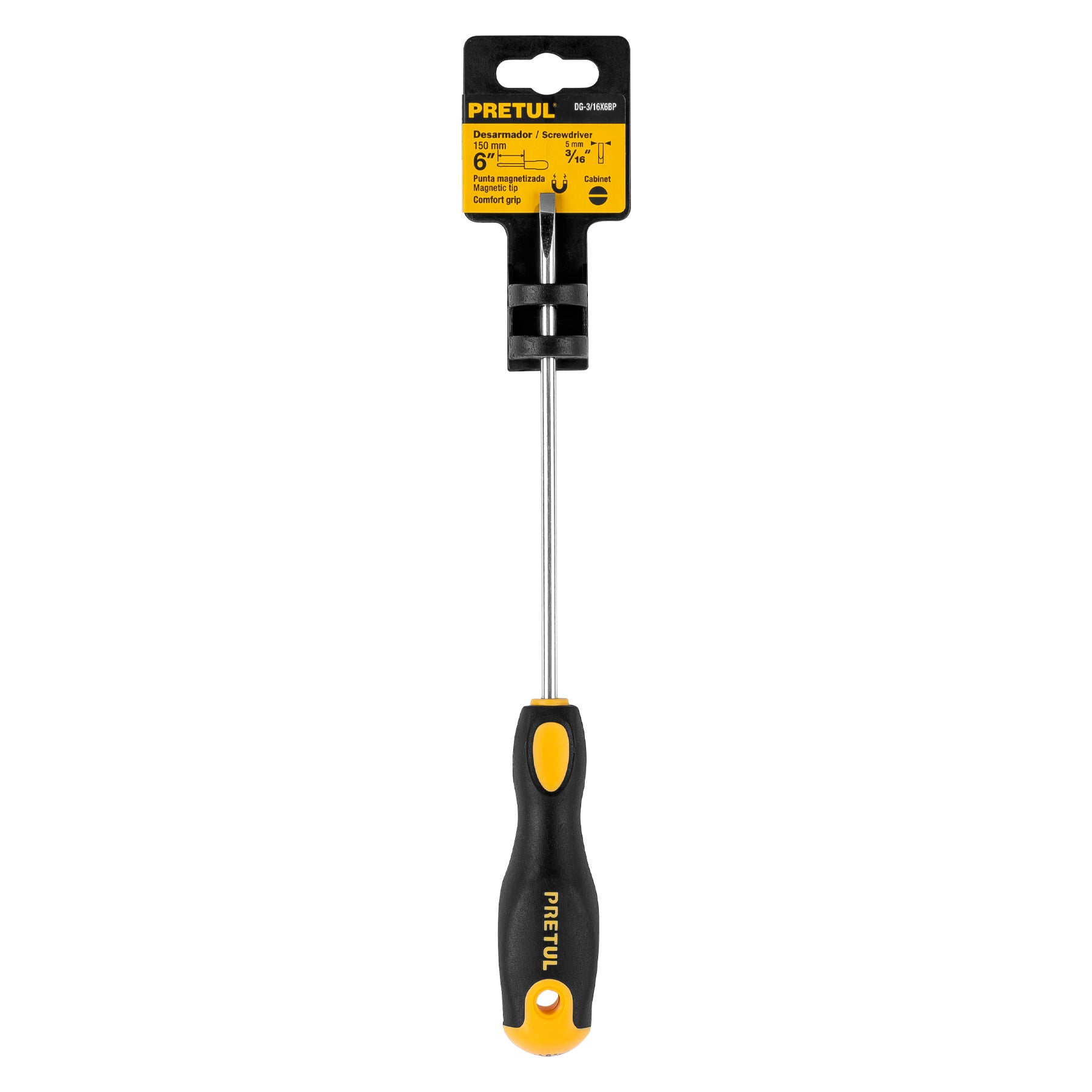 Desarmador cabinet, 3/16 x 6", mango comfort grip, pretul