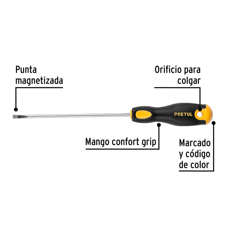 Desarmador cabinet, 3/16 x 6", mango comfort grip, pretul