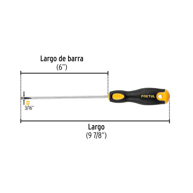 Desarmador cabinet, 3/16 x 6", mango comfort grip, pretul