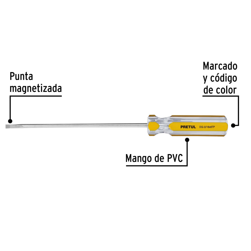 Desarmador cabinet, 3/16 x 6", mango pvc, pretul
