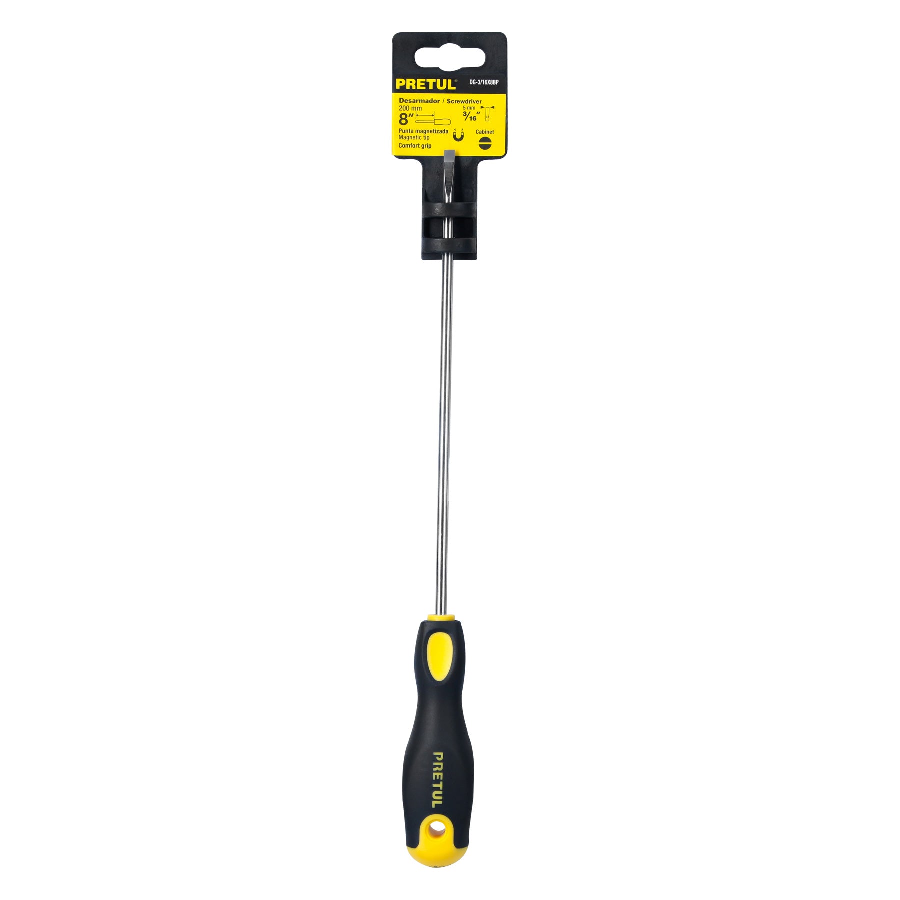 Desarmador cabinet, 3/16 x 8", mango comfort grip, pretul