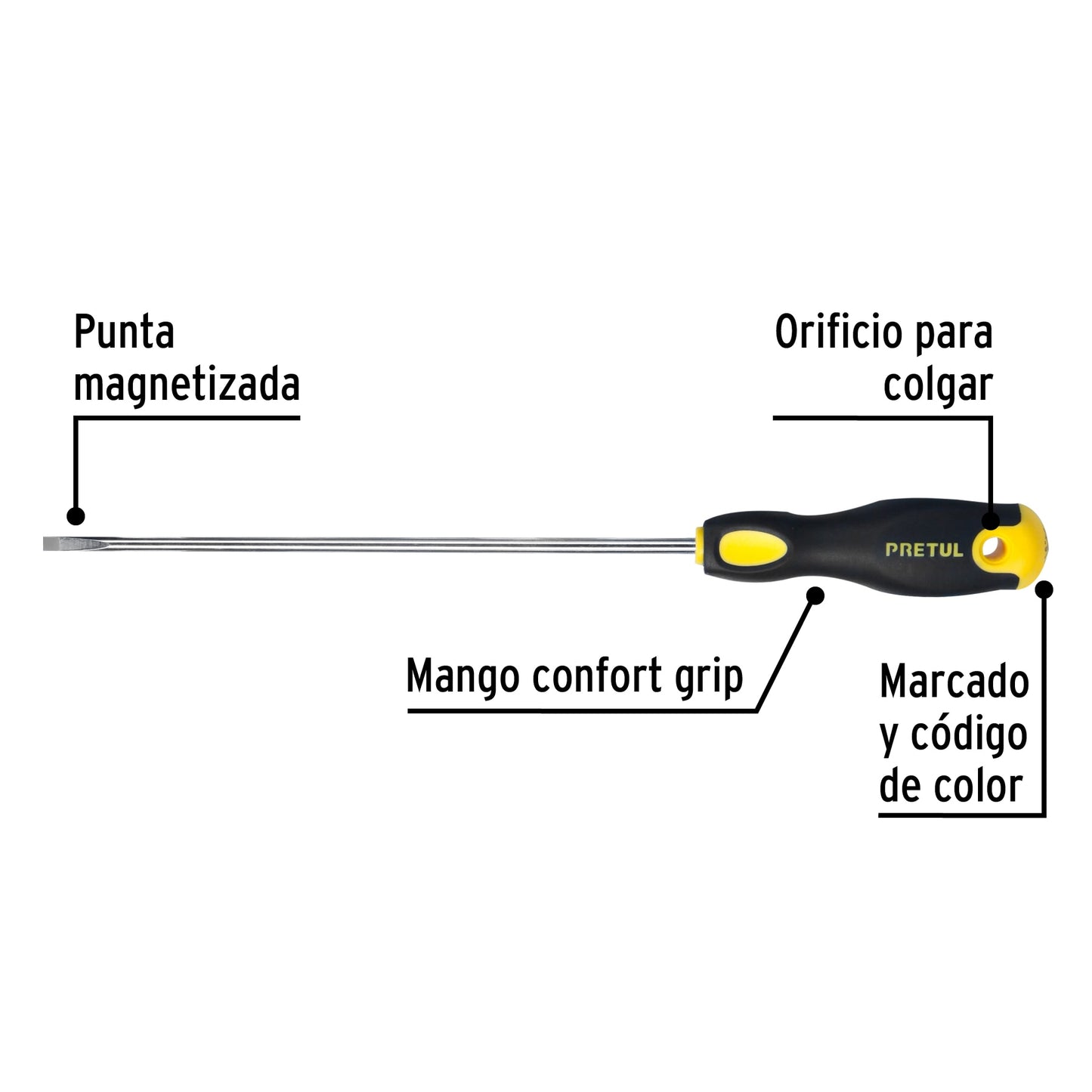 Desarmador cabinet, 3/16 x 8", mango comfort grip, pretul