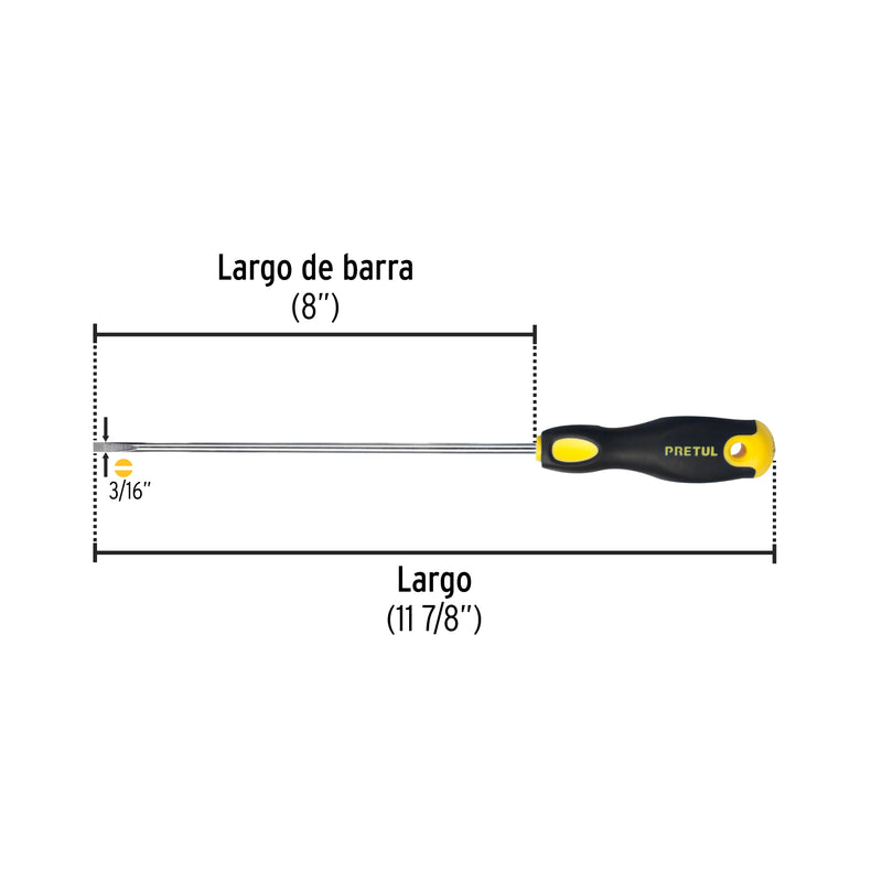 Desarmador cabinet, 3/16 x 8", mango comfort grip, pretul