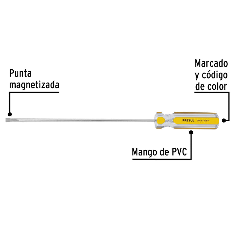 Desarmador cabinet, 3/16 x 8", mango pvc, pretul