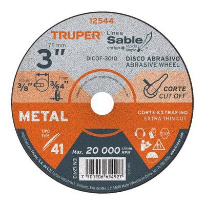 Disco Tipo 41 para corte fino de metal 3"
